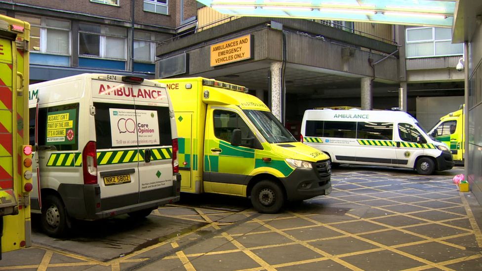 Ambulances waiting outside the Royal Victoria Hospital in Belfast