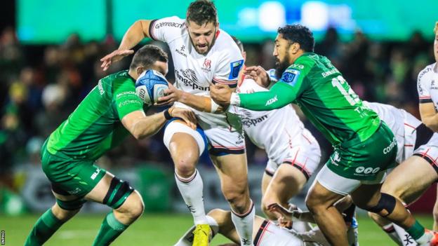Ulster centre Stuart McCloskey is tackled by Connacht's Bundee Aki