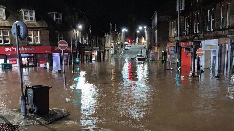 The junction of Nith Place/Shakespeare Street in Whitesands was under water on Friday night