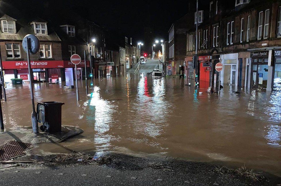 The junction of Nith Place/Shakespeare Street in Whitesands was under water on Friday night