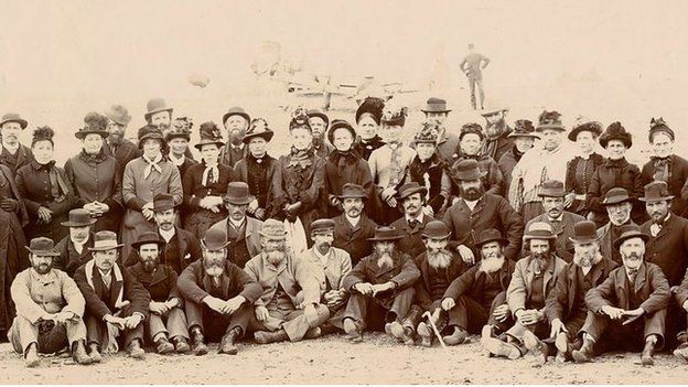 Some of the original passengers from the Mimosa, pictured 25 years after they arrived in Patagonia