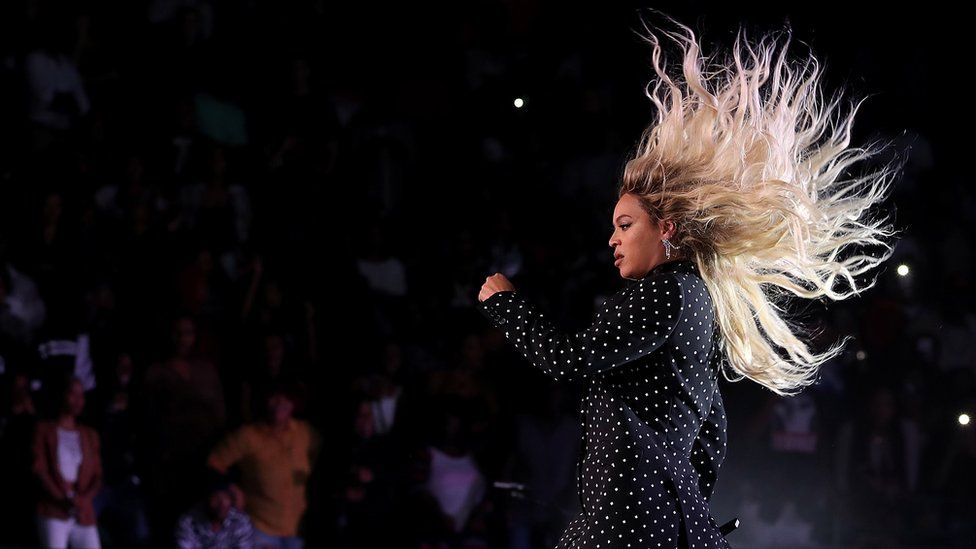 This is a photo of Beyonce performing during Hilary Clinton's campaign rally.