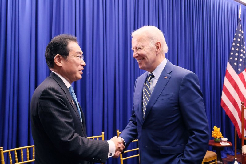 U.S. President Joe Biden is meeting Friday with Japanese Prime Minister Fumio Kishida for a bilateral summit at the White House. They will discuss security issues and deepening the U.S. Japan alliance. Biden and Kishida pictured during ASEAN in Phnom Penh, Cambodia Nov. 13, 2022. Photo by Japanese PM Press Office / UPI