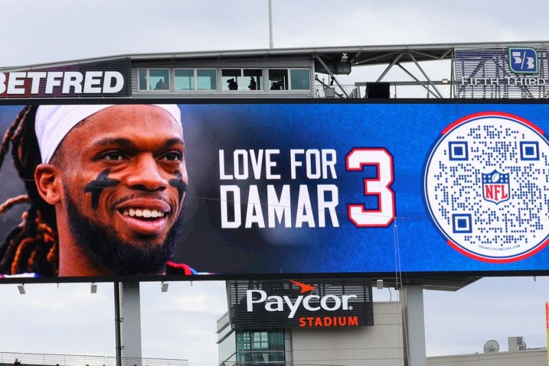 Damar Hamlin was released from a Cincinnati hospital Monday to return home to Buffalo, N.Y., where he will continue his recovery at Buffalo General Medical Center, one week after suffering cardiac arrest during the Bills' Monday Night Football game against the Bengals. Photo by John Sommers II/UPI