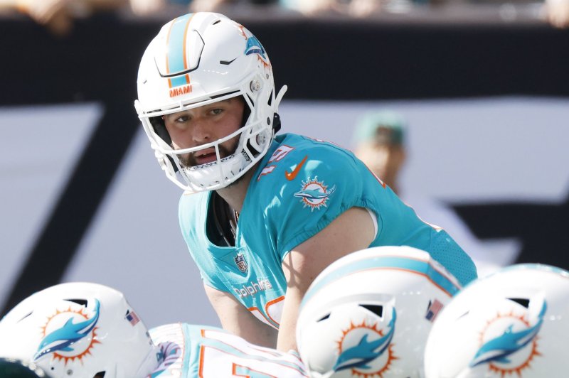 Miami Dolphins quarterback Skylar Thompson completed 20 of 31 passes for 152 yards in a win over the New York Jets on Sunday in Miami Gardens, Fla. File Photo by John Angelillo/UPI