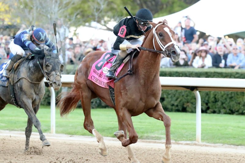 Cyberknife, shown winning the Arkansas Derby, tops the list of invitations to the Grade I Pegasus World Cup at Gulfstream Park on Jan. 28. Coady Photography, courtesy of Oaklawn Park