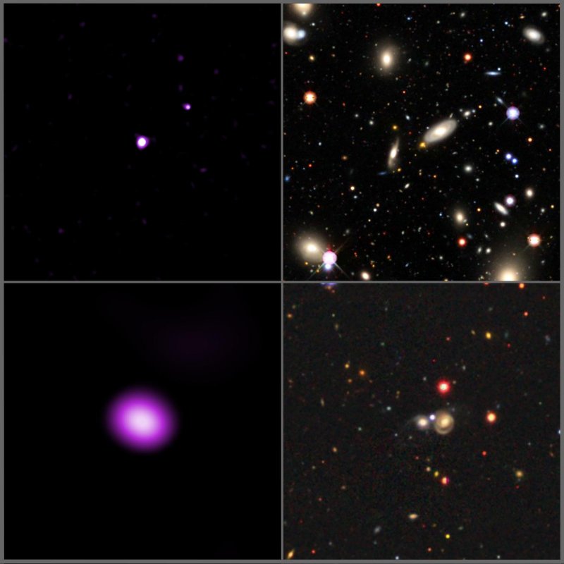 A new survey has revealed hundreds of previously unidentified black holes using data from the Chandra Source Catalog and the Sloan Digitized Sky Survey (SDSS). Researchers compared the X-ray and optical data for a class of objects known as “XBONGs” (X-ray bright, optically normal galaxies) to reveal about 400 supermassive black holes. These graphics show these XBONGs in X-rays from Chandra and optical light from SDSS. Graphics courtesy of NASA/CXC/SAO/D. Kim et al.; Optical/IR: Legacy Surveys/D. Lang (Perimeter Institute)