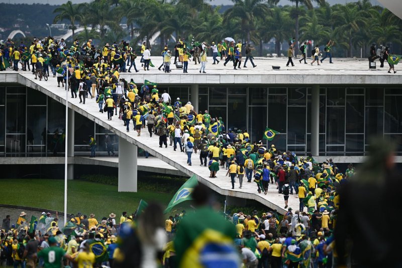 Bolsonaro supporters storm the National Congress in Brasilia, Brazil, on Sunday. Lawmakers in the United States and Brazil on Wednesday have come together to condemn such attacks on democracy. Photo by Andre Borges/EPA-EFE