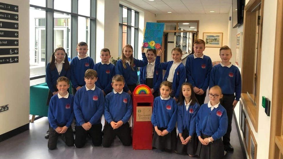 Enniskillen Model Primary School pupils with the kindness post box