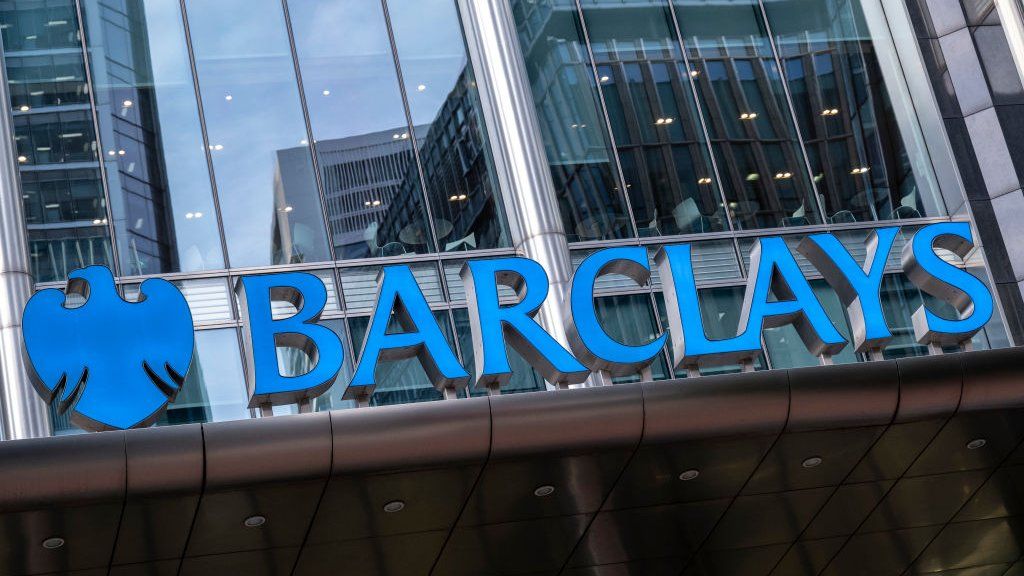 Barclays logo on HQ building in Canary Wharf