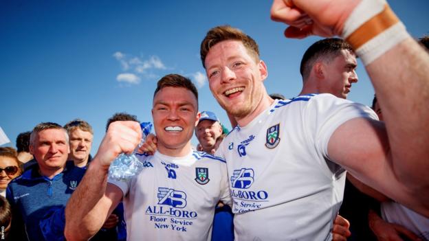 Monaghan's Conor McCarthy and Conor McManus celebrate the county's Division One win over Dublin
