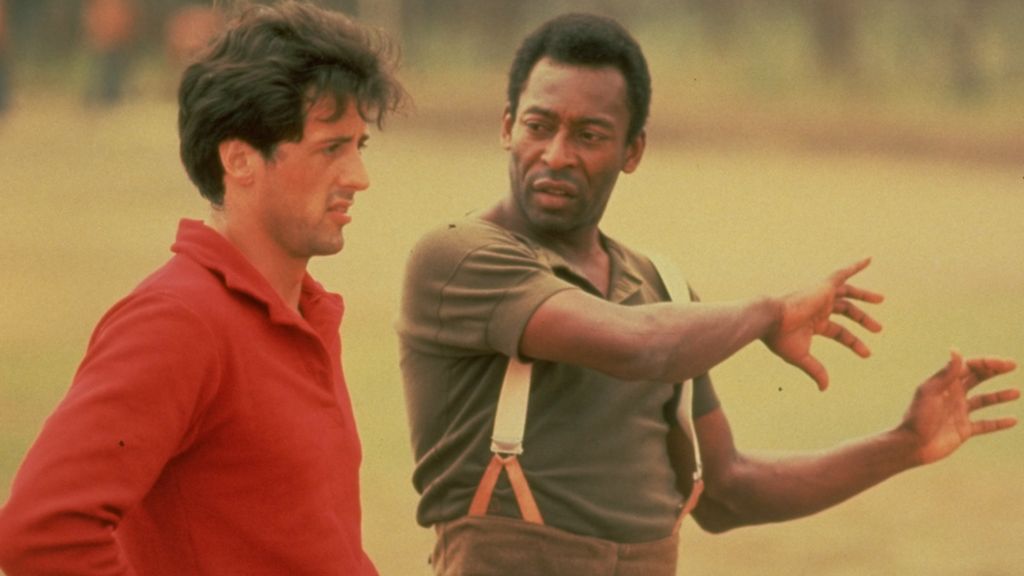 Pele and Sylvester Stallone on the set of the film 'Escape to Victory'