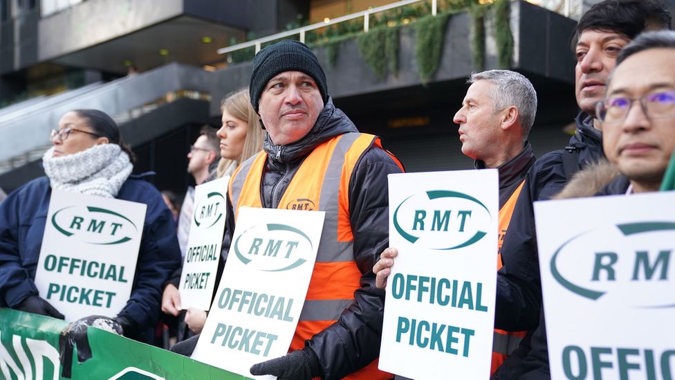 An RMT picket line outside Euston Station in London during a rail strike in January