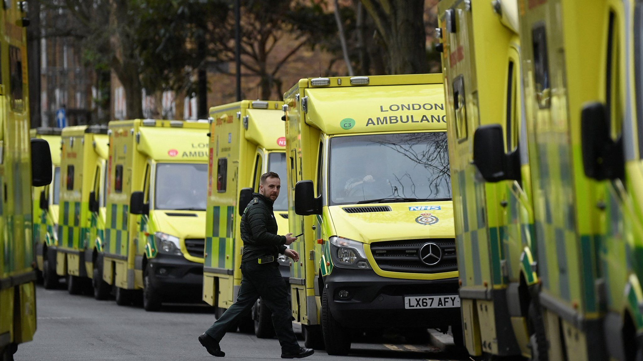 Ambulances lined up during a strike in London