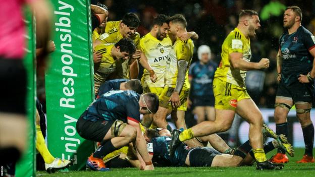 La Rochelle players celebrate the winning try against Ulster on Saturday night