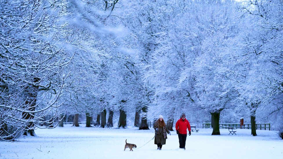 People walk a dog in the snow near Hexham