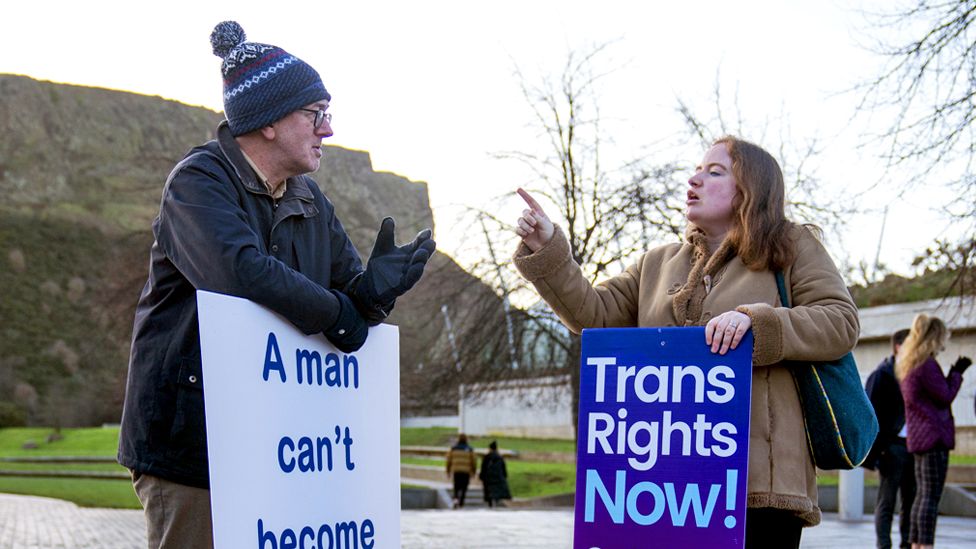 A member of the Scottish Family Party (centre) speaks with a supporter of the Gender Recognition Reform Bill (Scotland) during a protest outside the Scottish Parliament, Edinburgh, ahead of a debate on the bill. Picture date: Tuesday December 20, 2022.