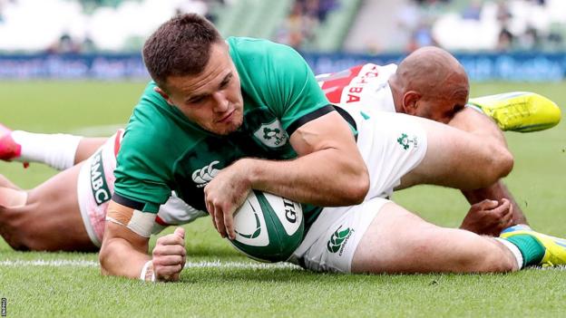 Jacob Stockdale goes in for a try against Japan in his last appearance for Ireland two years ago