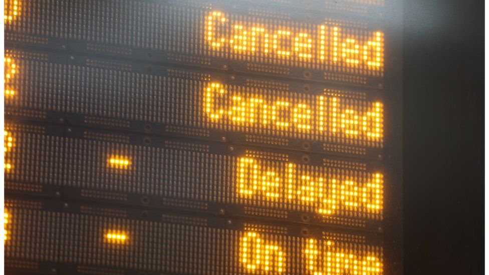 Train board showing cancelled trains