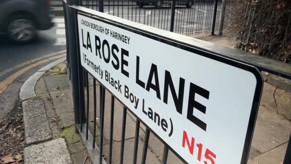 New street sign which reads La Rose Lane (Formerly Black Boy Lane)