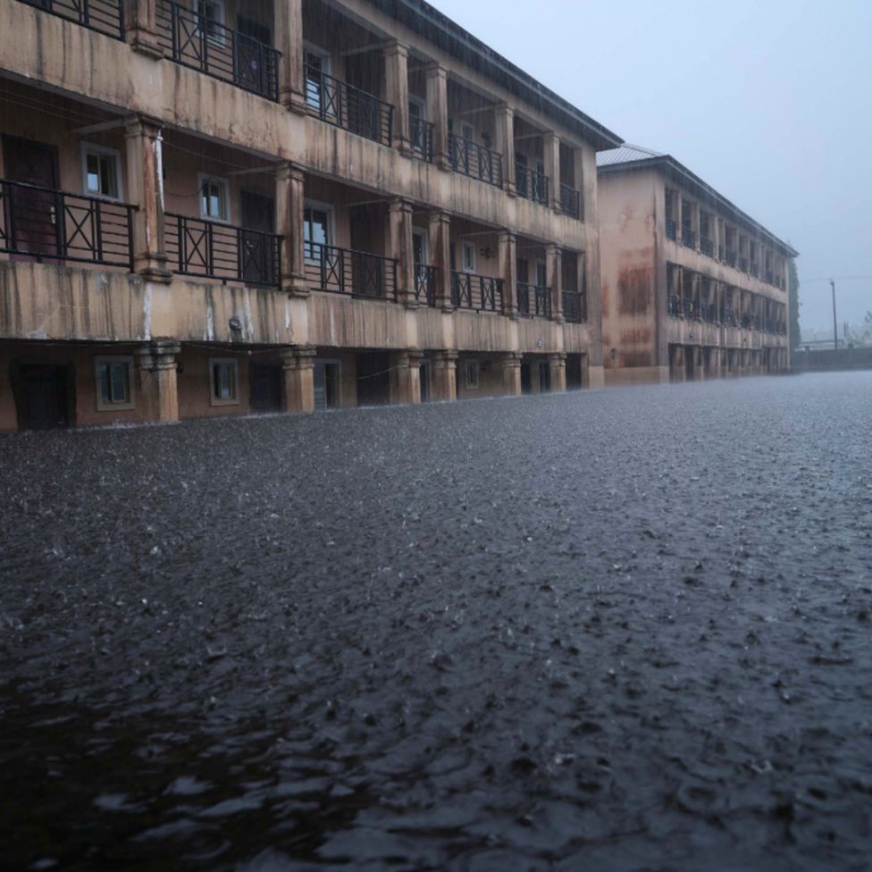 Rain and flood waters outside Dorca Executive Apartments (student accommodation) in Ogbia Municipality, Bayelsa State, Nigeria - November 2022
