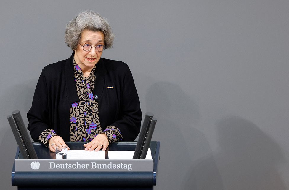 Rozette Kats, 80-year-old Holocaust survivor whose parents were murdered in the Auschwitz Nazi concentration camp, speaks during a memorial ceremony commemorating the victims of the Holocaust on the International Holocaust Remembrance Day, at the lower house of the parliament or Bundestag, in Berlin, Germany, on 27 January 2023