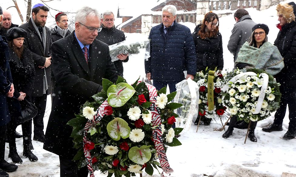 US Ambassador to Bosnia and Herzegovina Michael Murphy laid flowers at the Memorial of the victims of Nazi persecution at the Old Jewish Cemetery "Borak" in Sarajevo on 27 January 2023
