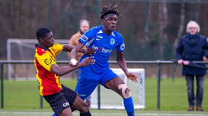Ghana international Pierre Dwomoh (right) in action for his club