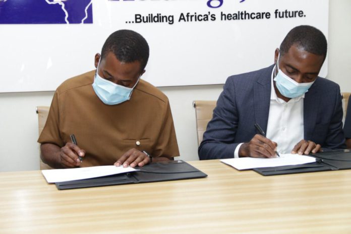 CEO of Africa Health Holdings Sangu Delle [in brown] and Dr Maxwell Antwi Country Director of PharmAccess [in blue]