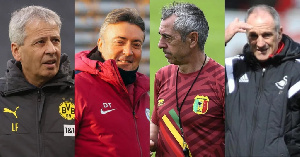 The four coaches are Favre (far left), Torrent (second from left), Giresse, Guidolin(far right)