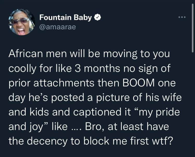 African men will be moving to you coolly for 3 months with no signs of prior attachments and then one day post a photo of their wife and kids - Singer Amaarae