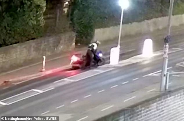 The teenager then lowers his motorbike to the ground just before 1.15am in Mansfield