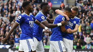 Amartey (second left) joins his mates to celebrate