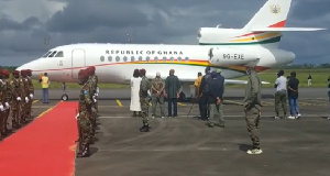 Ghana's presidential jet arrives on the tarmac in Liberia, Monrovia
