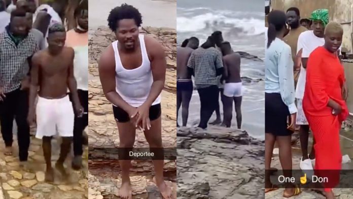 Shatta Wale, Medikal & three accomplices perform self-cleansing ritual at the sea following court bail [Video]