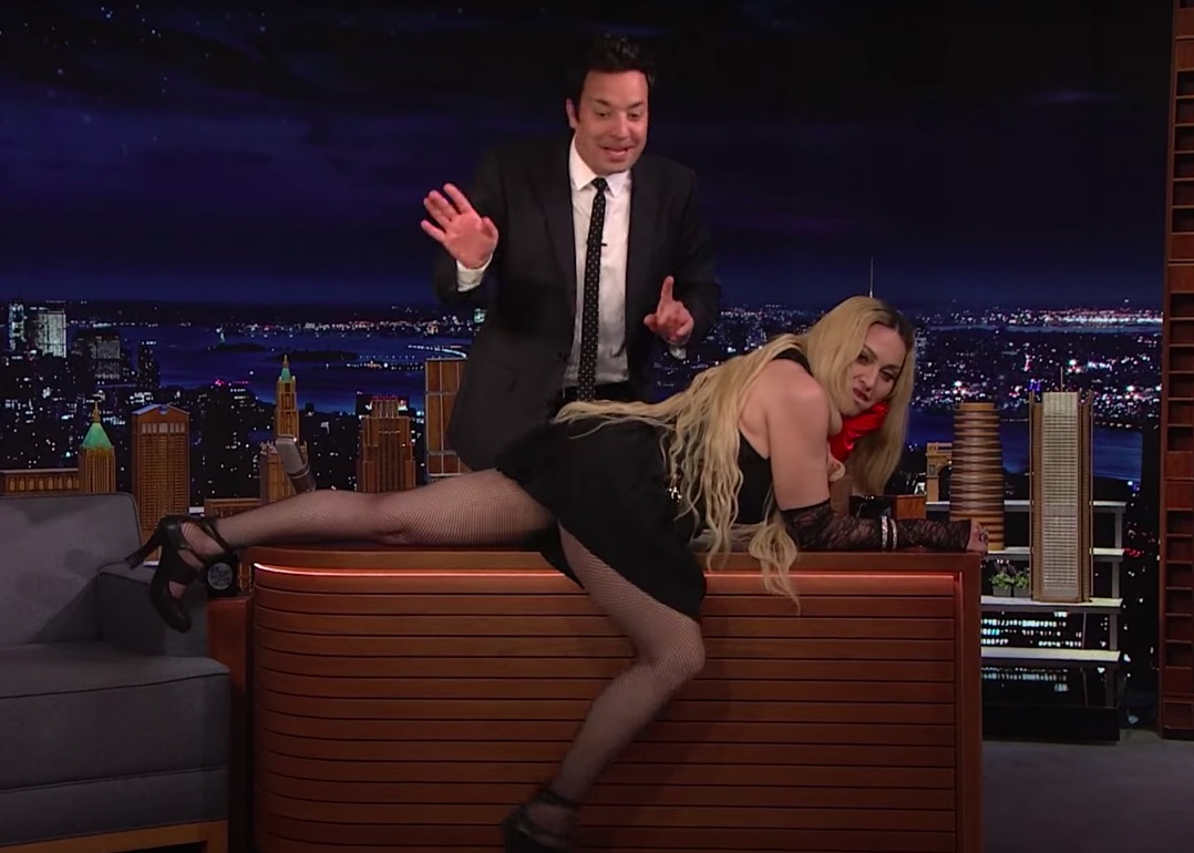 American singer Madonna goes crazy on TV, pulls up dress to reveal his underwear 