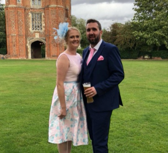 Cara Donovan, who is suing over injured elbow following dancefloor slip at wedding at Leez Priory. Pictured with husband Lee Pierson. A bride is suing an award-winning wedding venue for ?150,000 after she slipped on its hi-tech ?twinkling dance floor? and broke her elbow. Cara Donovan, 35, claims Leez Priory staff failed to stop people taking drinks on to the LED-lit laminated plastic floor, as its maker recommended. Champion News Service Ltd news@championnews.co.uk Tel: 07948286566 / 07914583378