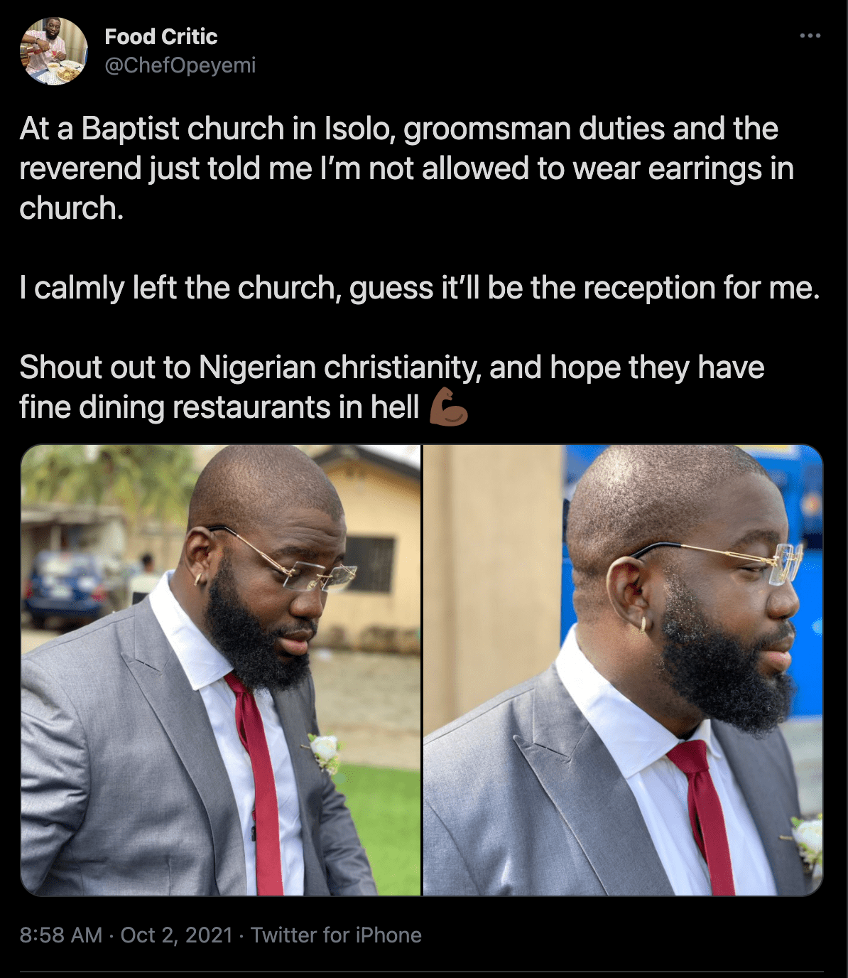 Pastor sacks groomsman from wedding for wearing earrings, says it’s a sin