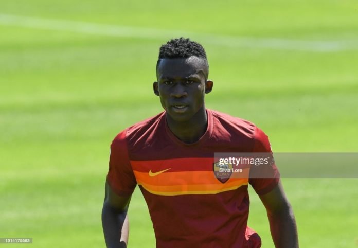 ROME, ITALY - APRIL 24: Felix Ohene Afena Gyan of AS Roma U19 gestures during the Coppa Italia Primavera match between AS Roma U19 and SS Lazio U19 at on April 24, 2021 in Rome, Italy. (Photo by Silvia Lore/Getty Images)