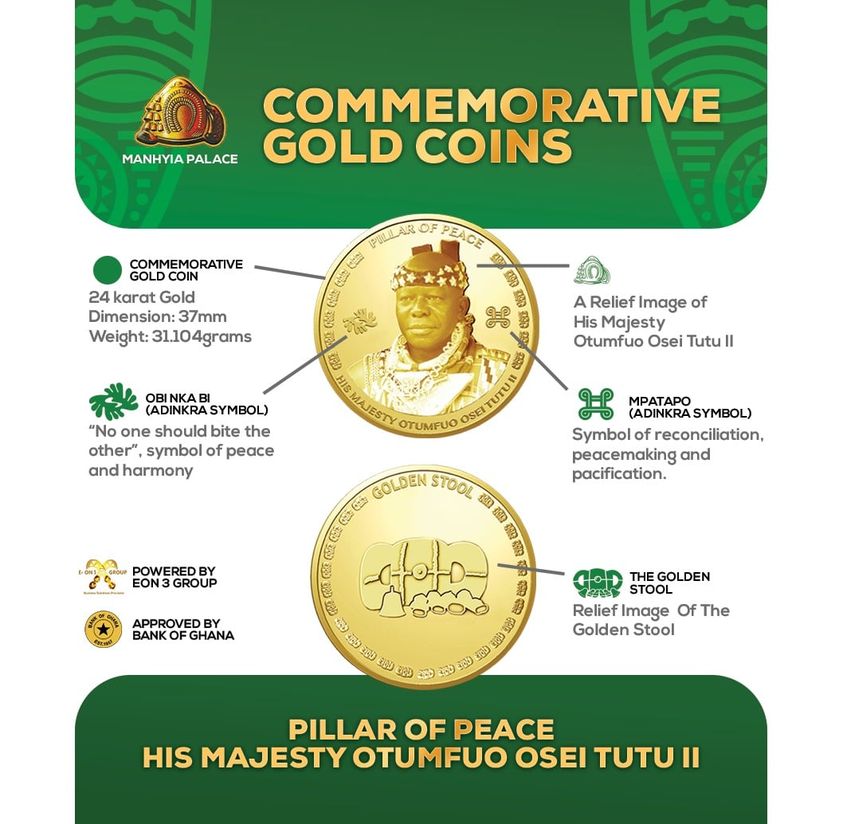 May be an image of 1 person and text that says 'MANHYIA PALACE COMMEMORATIVE GOLD COINS COMMEMORATIVE PULILAR PEACE karat Gold Dimension:37mm Weight: 31.104grams Relief Image of His Majesty Otumfuo Osei Tutu II OBINKAB SYMBOL) (ADINKRA one bite the other" symbol of peace harmony OTUMFUO MPATAPO (ADINKRA SYMBOL) Symbolof reconciliation, peacemaking and pacification. GOLDEN STOOL POWERED O GROUP APPROVED BANKOFG GHANA Aoto ç THE GOLDEN STOO Relief Image Of The Golden Stool O0 PILLAR OF PEACE HIS MAJESTY OTUMFUO OSEI TUTU'