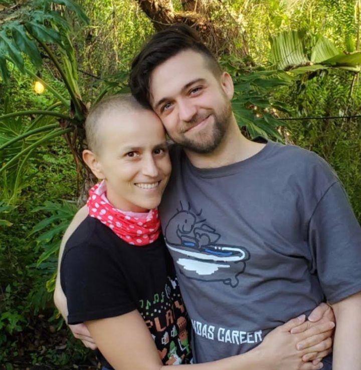 The author with her husband, Max Gamble, after she completed chemotherapy for stage 3C neuroendocrine cancer.