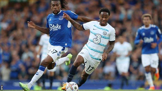 Raheem Sterling playing for Chelsea at Everton on Saturday