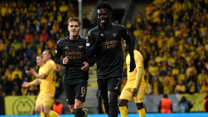 Bukayo Saka of Arsenal celebrates scoring their side's first goal during the UEFA Europa League group A match between FK Bodo/Glimt and Arsenal FC at Aspmyra Stadion on October 13, 2022 in Bodo, Norway. Image credit: Getty Images