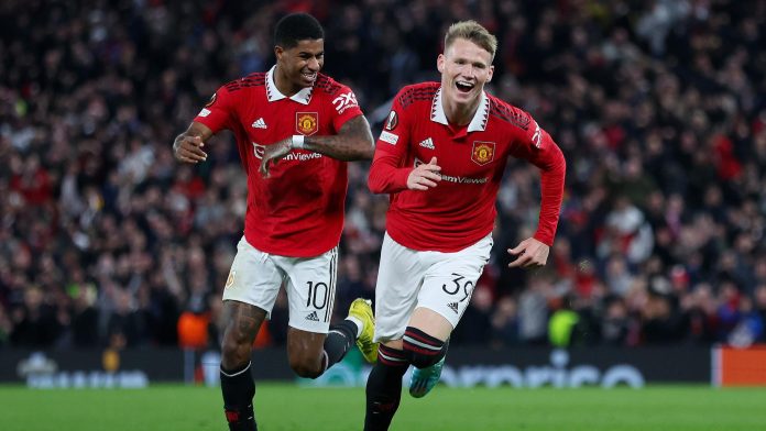 Scott McTominay celebrates with Marcus Rashford of Manchester United after scoring their team's first goal during the UEFA Europa League group E match between Manchester United and Omonia Nikosia at Old Trafford on October 13, 2022 in Manchester, England Image credit: Getty Images