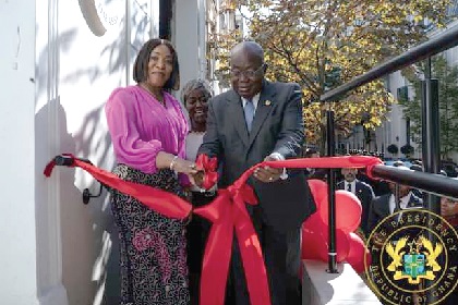 President Akufo-Addo being assisted by Shirley Ayorkor Botchwey to inaugurate the building