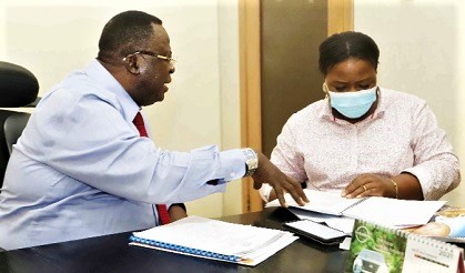 Dr Joshua Edward Siaw Sefa (left), CEO of Grace Eureka, in an interview with Rebecca Quaicoe Duho, Staff Writer, Daily Graphic. Picture: Maxwell Ocloo