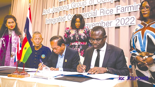 Dr Agyepong (right) signing a Memorandum of Understanding with Thai companies for local production of Rice
