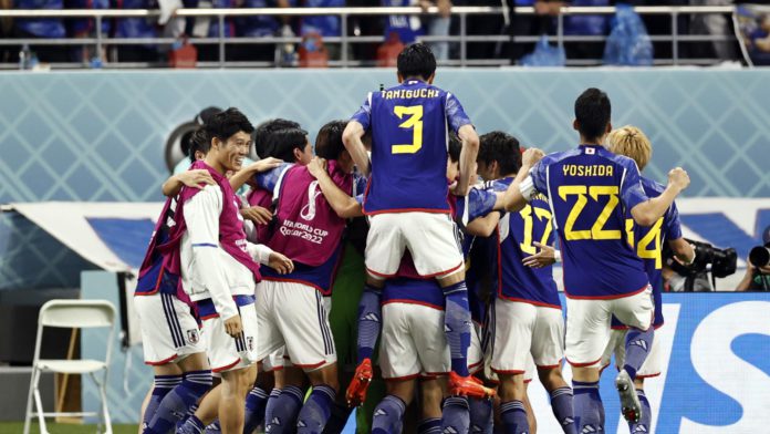 AL-RAYYAN - Japan celebrates Ritsu Doan of Japan's 1-1 during the FIFA World Cup Qatar 2022 group E match between Japan and Spain at Khalifa International stadium on December 1, 2022 in Ar-Rayyan, Qatar. AP | Dutch Height | MAURICE OF STONE (Photo by ANP Image credit: Getty Images