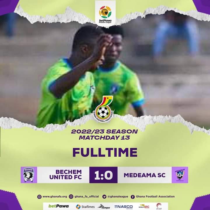 Bechem United score late to beat Medeama SC 1-0 to move 2nd on betPawa Premier League table