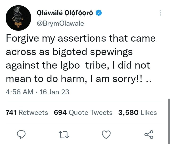Singer Brymo finally bows to pressure, tenders apology to Igbos